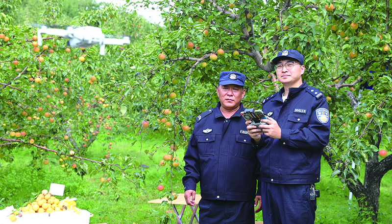 民警在果園用無人機(jī)巡邏